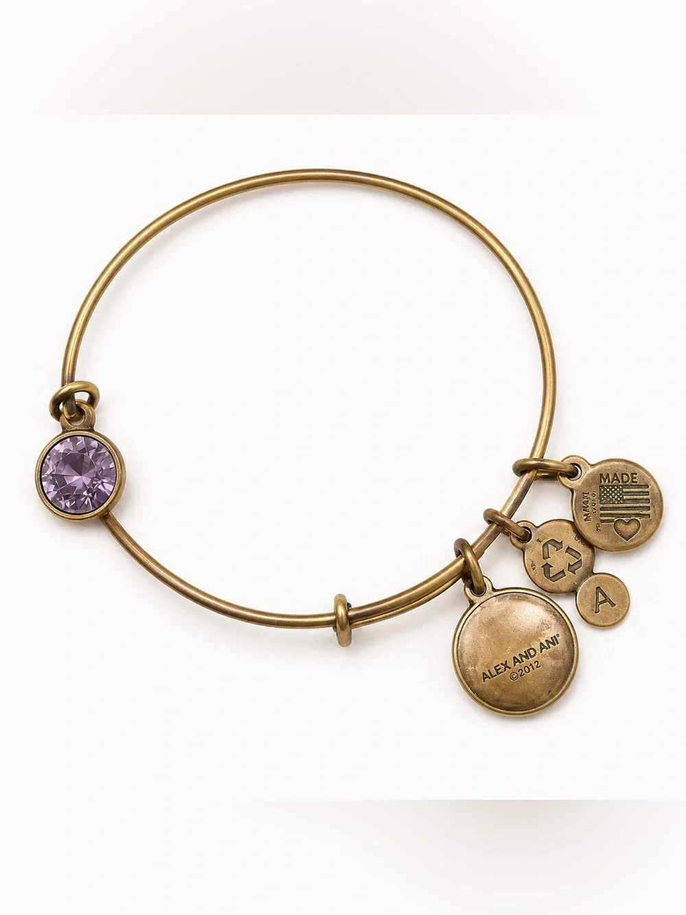 Alex and Ani Purple Crystal Expandable Charm Bangle Bracelet Gold Tone